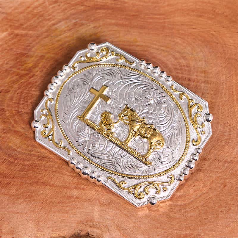 Silver & Gold DIY Cowboy Praying Cross Horse Large Buckle Leather Belt - image 4