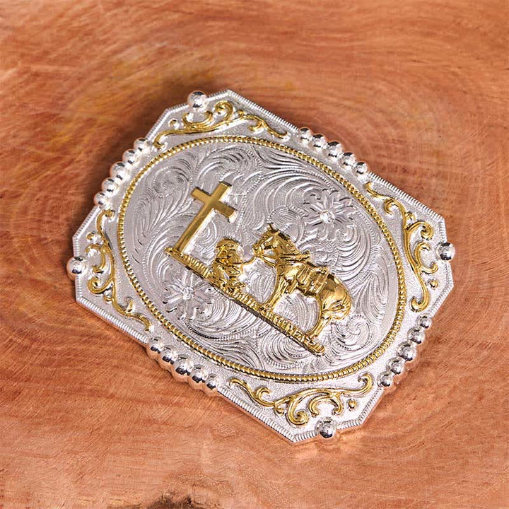 Silver & Gold DIY Cowboy Praying Cross Horse Large Buckle Leather Belt - image 4