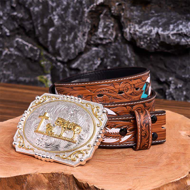 Silver & Gold DIY Cowboy Praying Cross Horse Large Buckle Leather Belt - Prayer - Brown Feather Belt - 40 - image 11