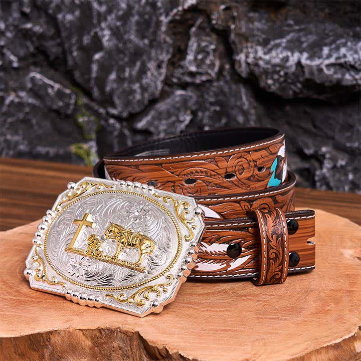 Silver & Gold DIY Cowboy Praying Cross Horse Large Buckle Leather Belt - Prayer - Brown Feather Belt - 40 - image 11