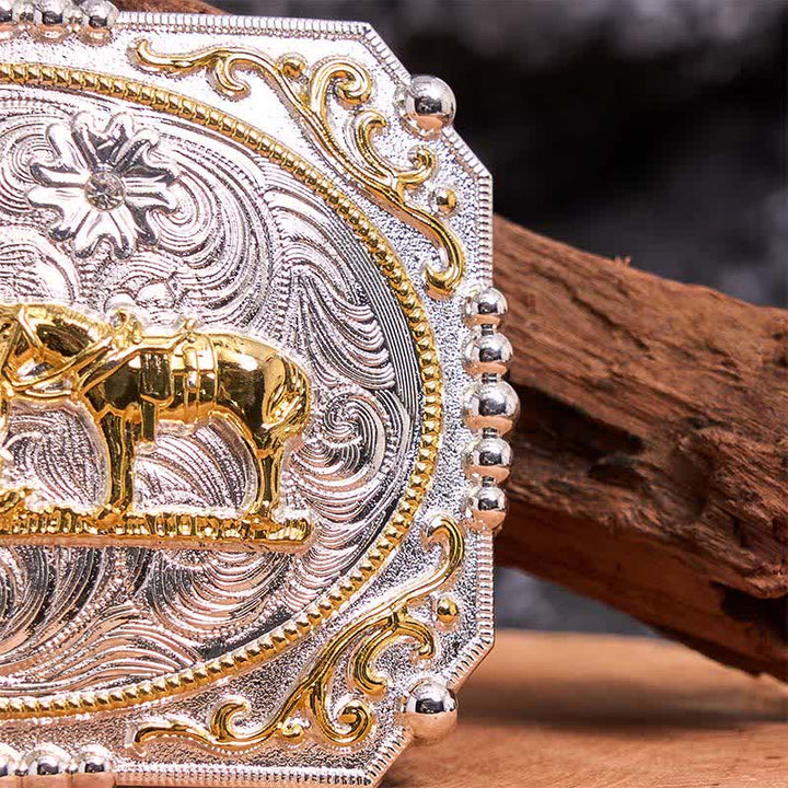 Silver & Gold DIY Cowboy Praying Cross Horse Large Buckle Leather Belt - image 3