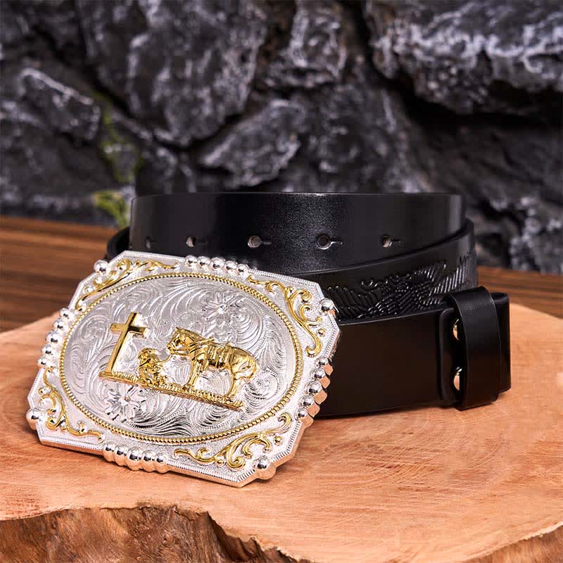 Silver & Gold DIY Cowboy Praying Cross Horse Large Buckle Leather Belt - Prayer - Black Embossed Eagle Belt - 42 - image 6