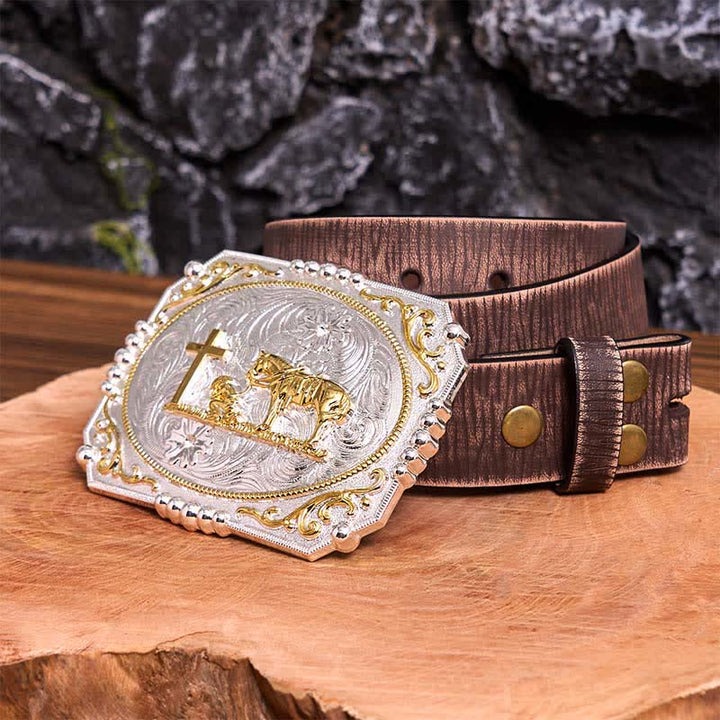 Silver & Gold DIY Cowboy Praying Cross Horse Large Buckle Leather Belt - Prayer - Brown Distressed Belt - 42 - image 9