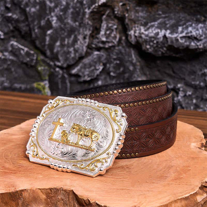 Silver & Gold DIY Cowboy Praying Cross Horse Large Buckle Leather Belt - Prayer - Brown Rivet Belt - 42 - image 8