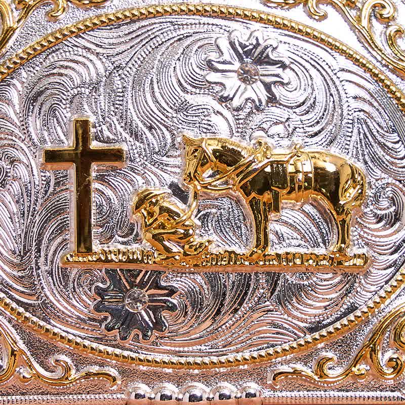 Silver & Gold DIY Cowboy Praying Cross Horse Large Buckle Leather Belt - image 2