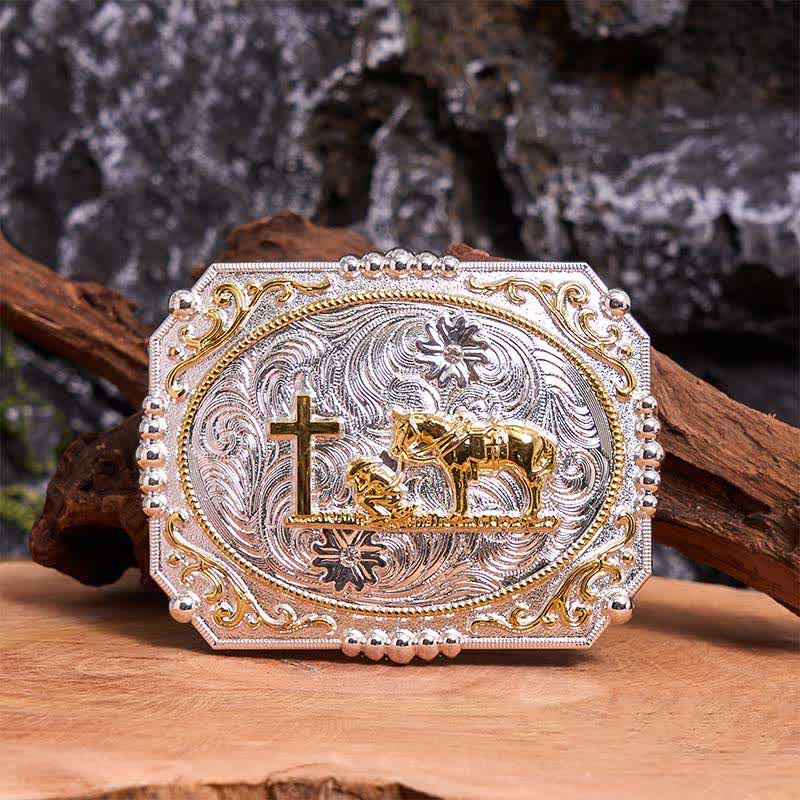 Silver & Gold DIY Cowboy Praying Cross Horse Large Buckle Leather Belt - Prayer - Without Belt - Not Included Belt - image 1