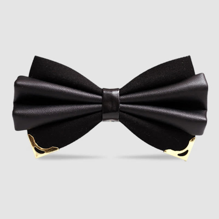 Men's Double Layer Faux Leather Golden Tipped Bow Tie