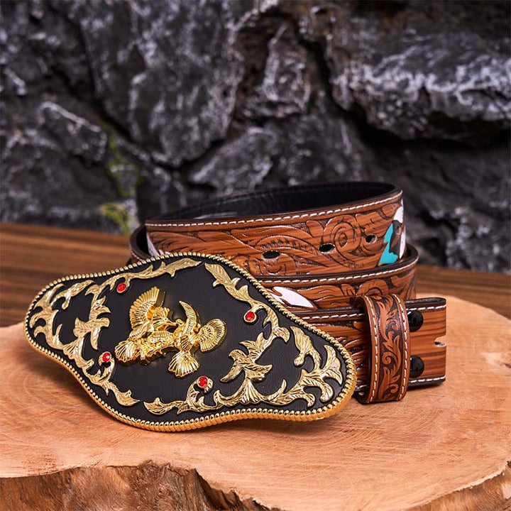 Black And Gold Eagles DIY Buckle Leather Belt - Black And Gold Eagles - Brown Feather Belt - 40 - image 11