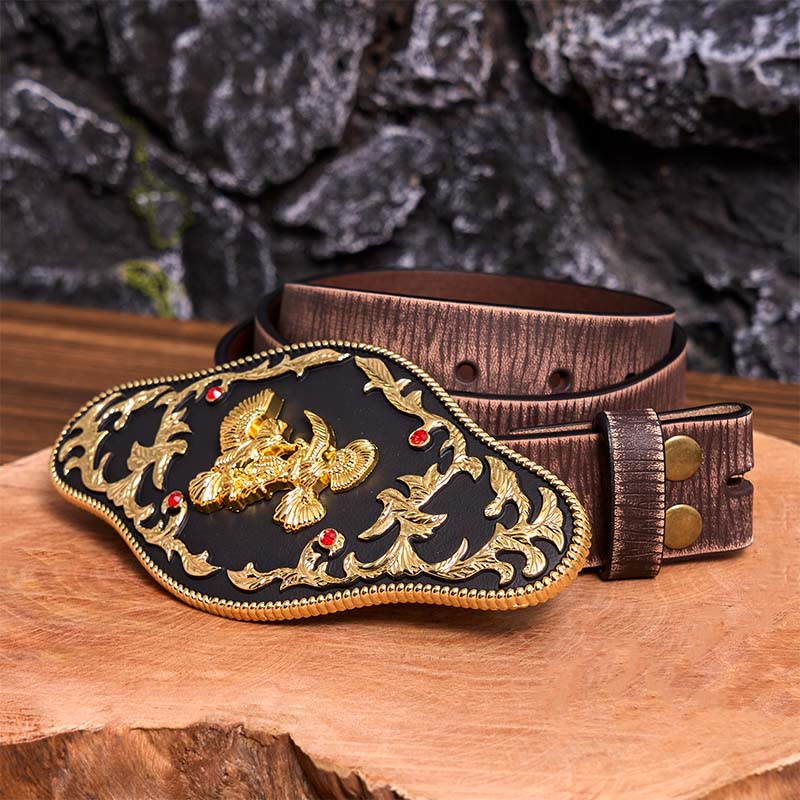 Black And Gold Eagles DIY Buckle Leather Belt - Black And Gold Eagles - Brown Distressed Belt - 42 - image 8