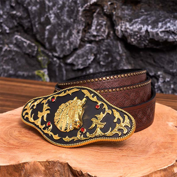 Black And Gold Horse Head DIY Buckle Leather Belt - Black And Gold Horse Head - Brown Rivet Belt - 42 - image 7