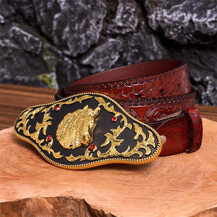 Black And Gold Horse Head DIY Buckle Leather Belt - Black And Gold Horse Head - Brown Carved Belt - 42 - image 9