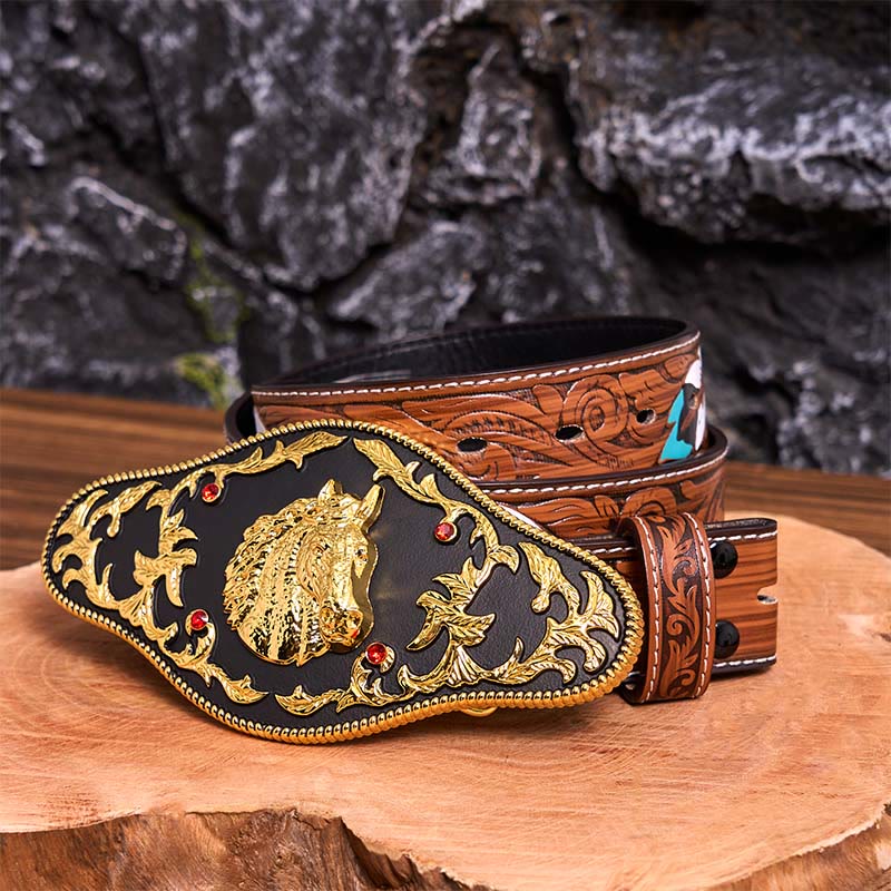 Black And Gold Horse Head DIY Buckle Leather Belt - Black And Gold Horse Head - Brown Feather Belt - 40 - image 10