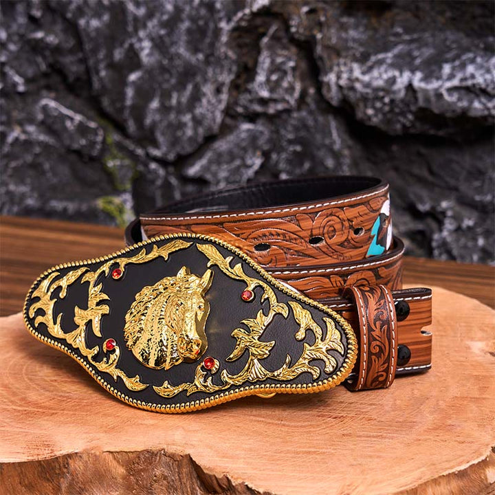 Black And Gold Horse Head DIY Buckle Leather Belt - Black And Gold Horse Head - Brown Feather Belt - 40 - image 10