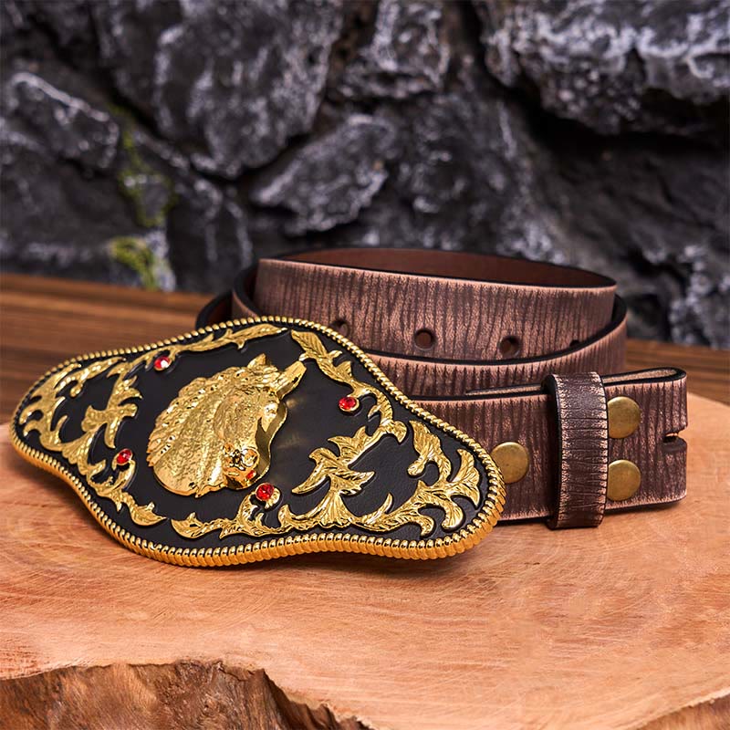 Black And Gold Horse Head DIY Buckle Leather Belt - Black And Gold Horse Head - Brown Distressed Belt - 42 - image 8