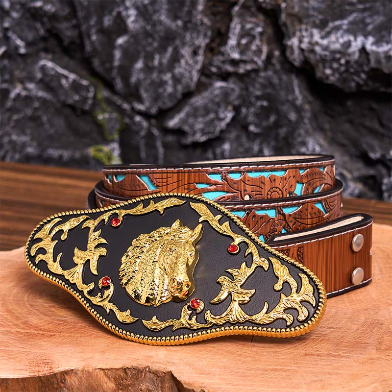 Black And Gold Horse Head DIY Buckle Leather Belt - Black And Gold Horse Head - Turquoise Carved Belt - 42 - image 6