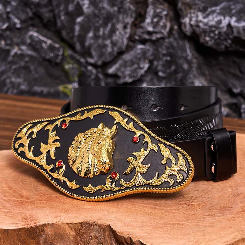 Black And Gold Horse Head DIY Buckle Leather Belt - Black And Gold Horse Head - Black Embossed Eagle Belt - 42 - image 6