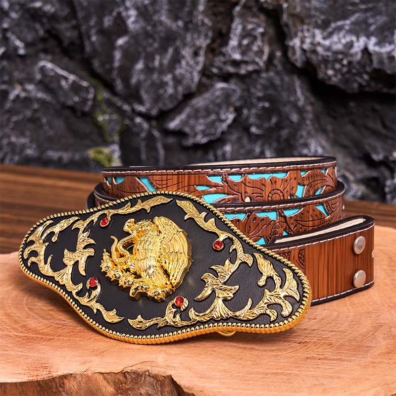Eagle Catching Snakes DIY Buckle Leather Belt - Eagle Catching Snakes - Turquoise Carved Belt - 42 - image 6