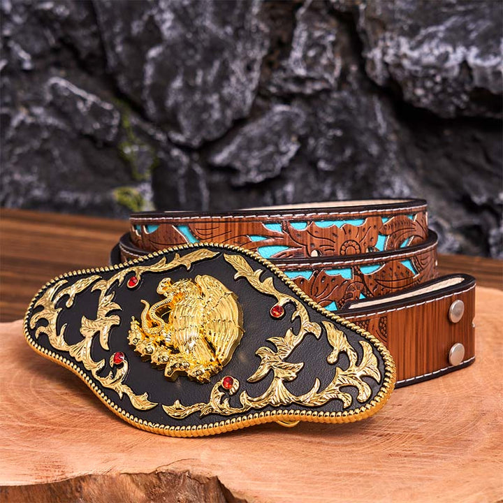 Eagle Catching Snakes DIY Buckle Leather Belt - Eagle Catching Snakes - Turquoise Carved Belt - 42 - image 6
