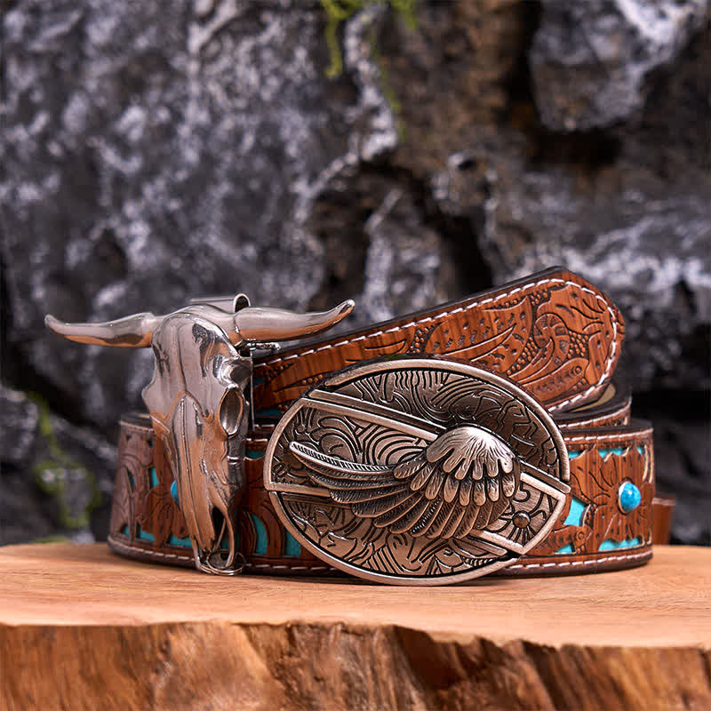 Angel Wing DIY Hidden Knife Belt Buckle Longhorn Bull Pendant Bundle Set - Wing - Turquoise Carved Belt - 42 - image 0