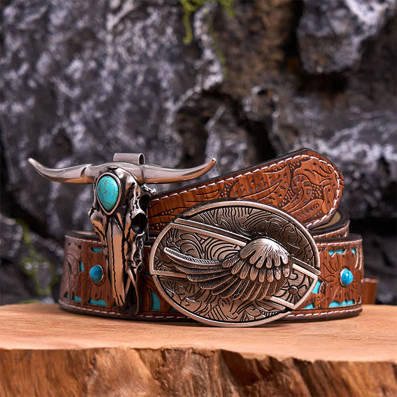 Angel Wing DIY Hidden Knife Belt Buckle Turquoise Longhorn Bull Pendant Bundle Set - Wing - Turquoise Carved Belt - 42 - image 0