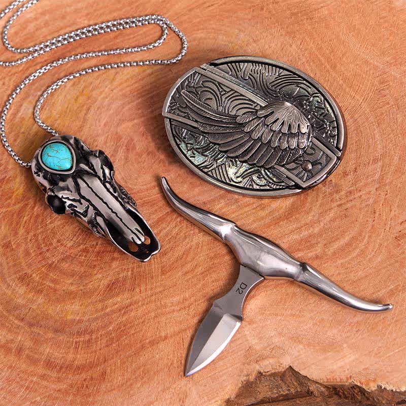 Angel Wing DIY Hidden Knife Belt Buckle Turquoise Longhorn Bull Pendant Bundle Set - image 2