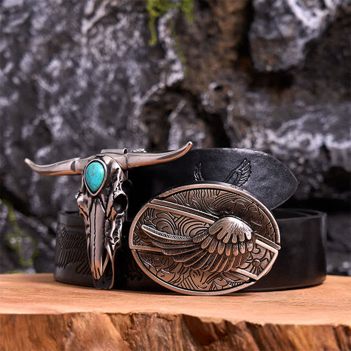Angel Wing DIY Hidden Knife Belt Buckle Turquoise Longhorn Bull Pendant Bundle Set - Wing - Black Embossed Eagle Belt - 42 - image 4