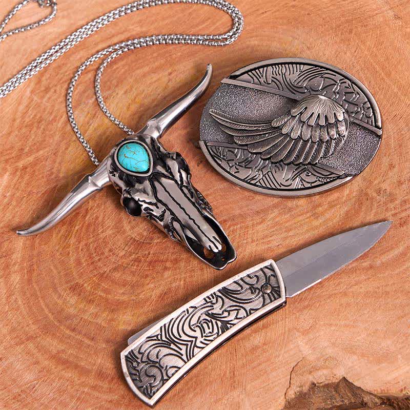 Angel Wing DIY Hidden Knife Belt Buckle Turquoise Longhorn Bull Pendant Bundle Set - image 3