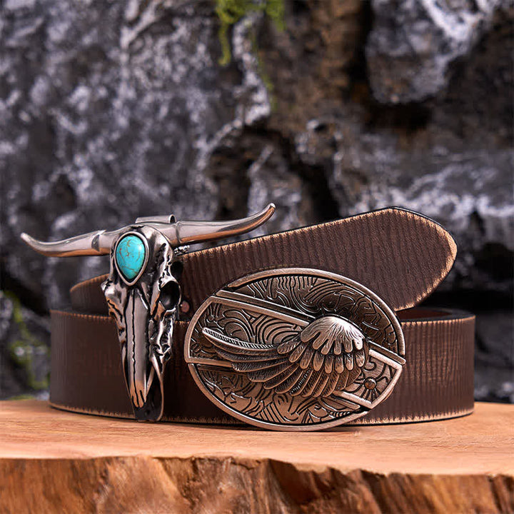 Angel Wing DIY Hidden Knife Belt Buckle Turquoise Longhorn Bull Pendant Bundle Set - Wing - Brown Distressed Belt - 42 - image 6