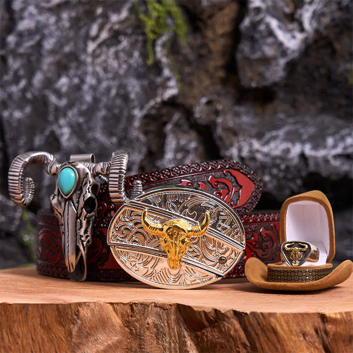 Gold Bull DIY Hidden Knife Belt Buckle Turquoise Skull Sheep Pendant Bundle Set - Gold Bull - Brown Carved Belt - 42 - image 6