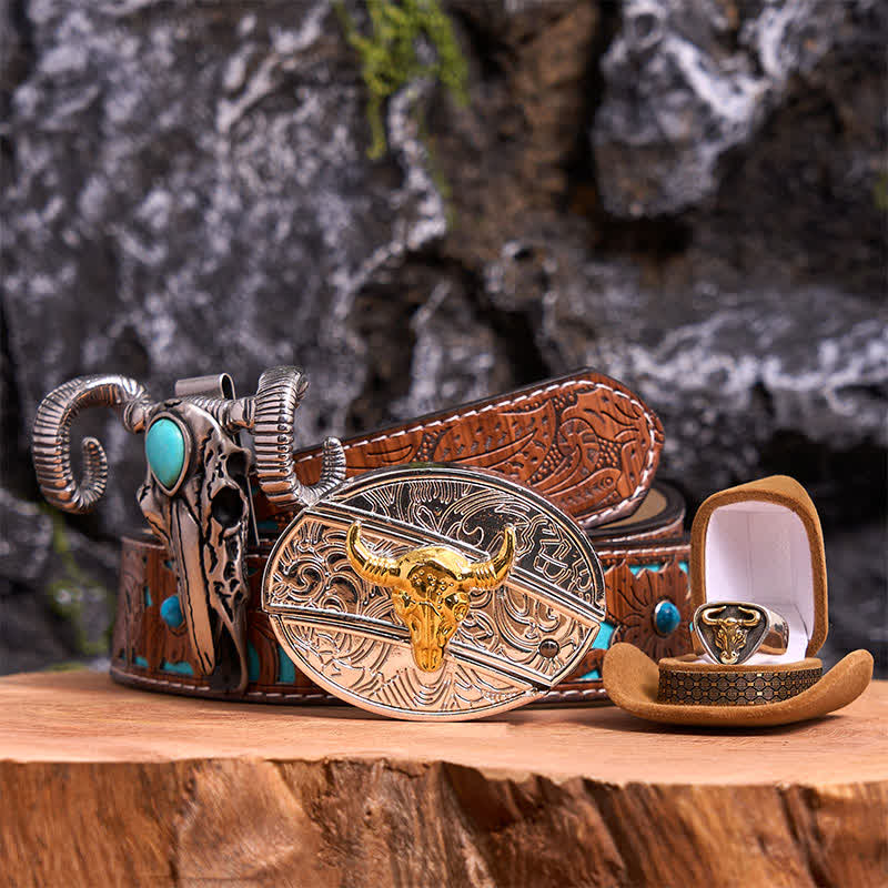 Gold Bull DIY Hidden Knife Belt Buckle Turquoise Skull Sheep Pendant Bundle Set - Gold Bull - Turquoise Carved Belt - 42 - image 0