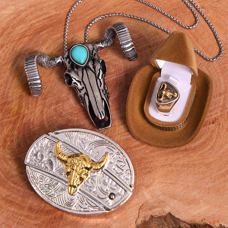 Gold Bull DIY Hidden Knife Belt Buckle Turquoise Skull Sheep Pendant Bundle Set - Gold Bull - Without Belt - Not Include Belt - image 1
