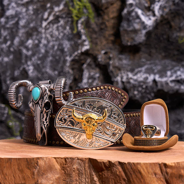 Gold Bull DIY Hidden Knife Belt Buckle Turquoise Skull Sheep Pendant Bundle Set - Gold Bull - Brown Rivet Belt - 42 - image 5