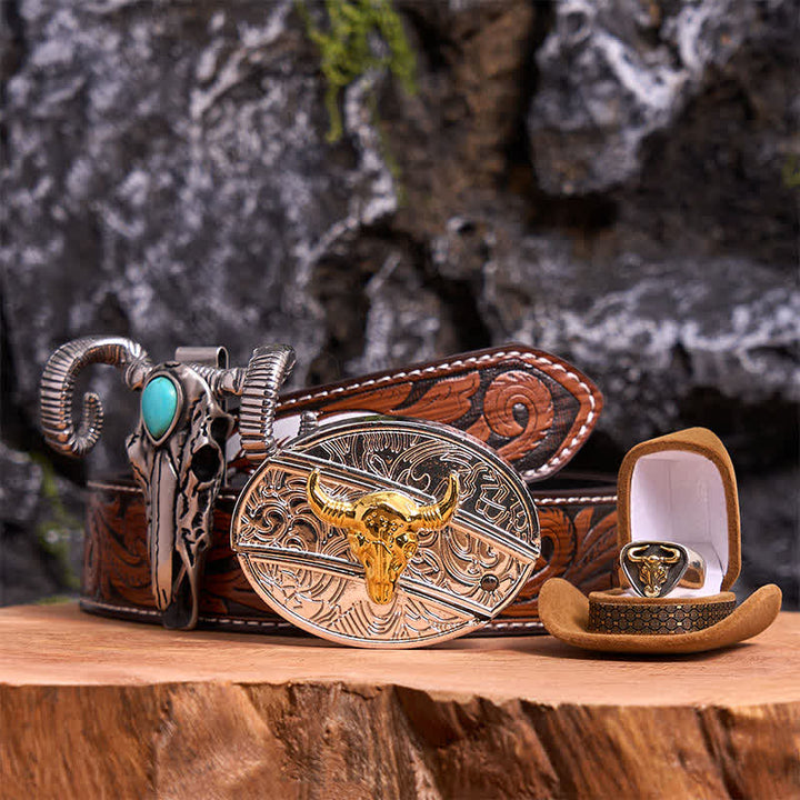 Gold Bull DIY Hidden Knife Belt Buckle Turquoise Skull Sheep Pendant Bundle Set - Gold Bull - Brown Feather Belt - 40 - image 7