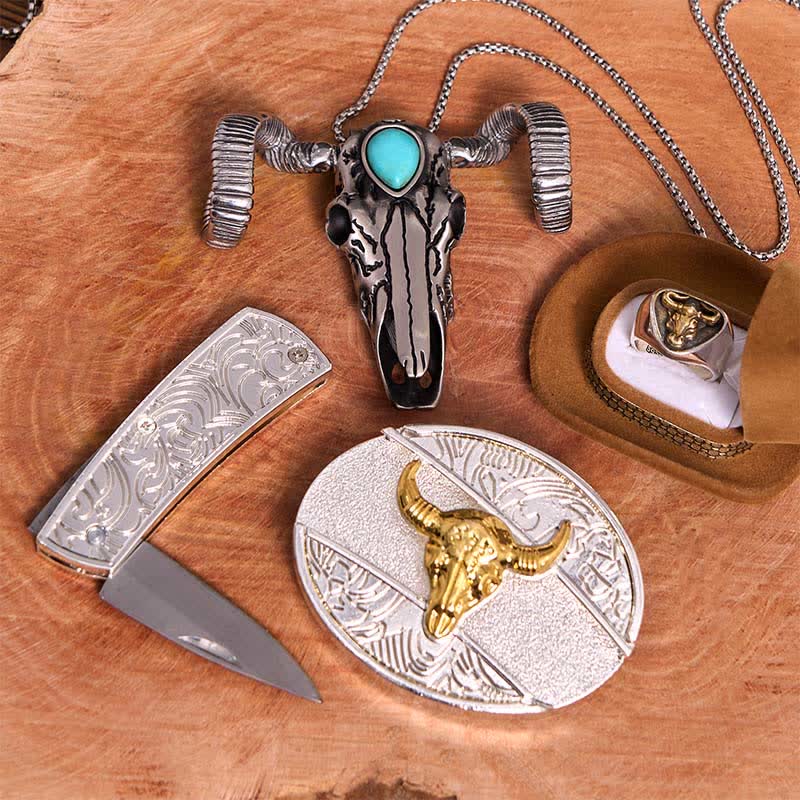 Gold Bull DIY Hidden Knife Belt Buckle Turquoise Skull Sheep Pendant Bundle Set - image 2