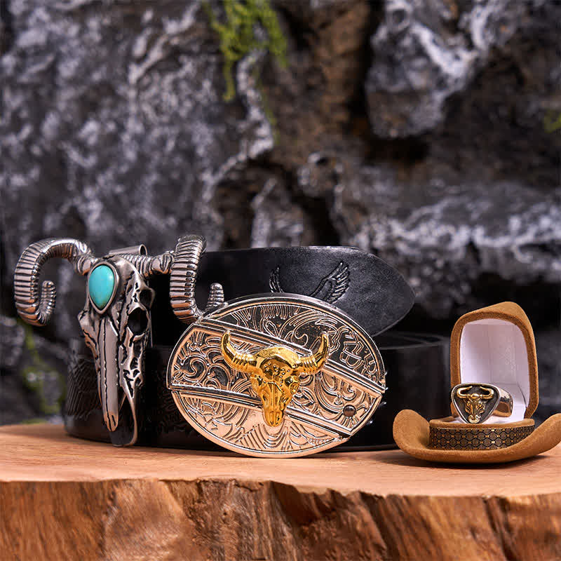 Gold Bull DIY Hidden Knife Belt Buckle Turquoise Skull Sheep Pendant Bundle Set - Gold Bull - Black Embossed Eagle Belt - 42 - image 4