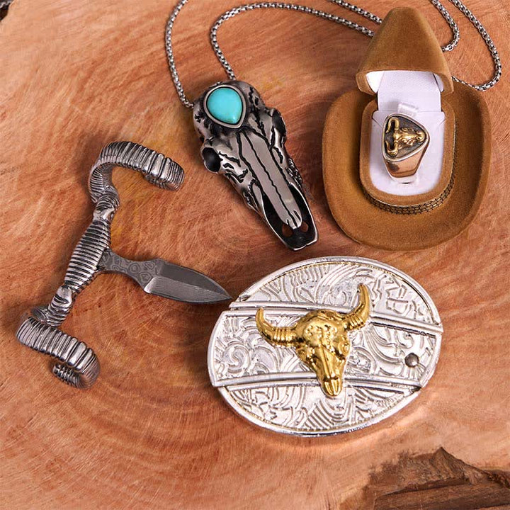 Gold Bull DIY Hidden Knife Belt Buckle Turquoise Skull Sheep Pendant Bundle Set - image 3