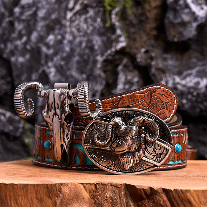 Goat DIY Hidden Knife Belt Buckle Skull Sheep Pendant Bundle Set - Goat - Turquoise Carved Belt - 42 - image 3