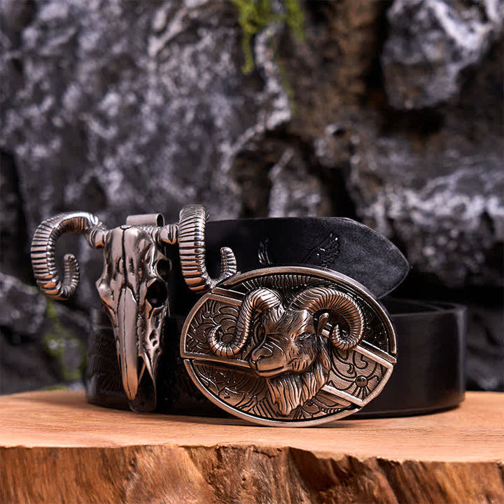 Goat DIY Hidden Knife Belt Buckle Skull Sheep Pendant Bundle Set - Goat - Black Embossed Eagle Belt - 42 - image 0