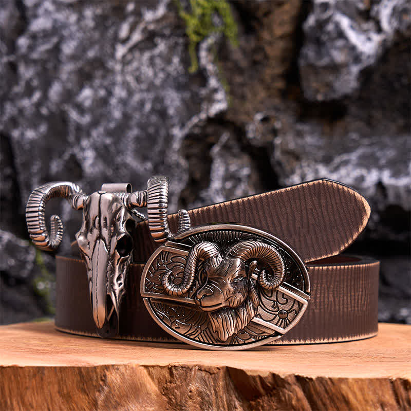 Goat DIY Hidden Knife Belt Buckle Skull Sheep Pendant Bundle Set - Goat - Brown Distressed Belt - 42 - image 5