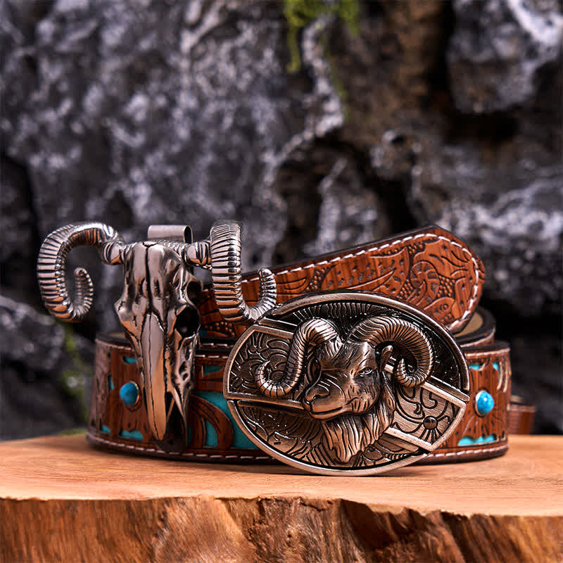 Goat DIY Hidden Knife Belt Buckle Skull Sheep Pendant Bundle Set - Goat - Turquoise Carved Belt - 42 - image 3