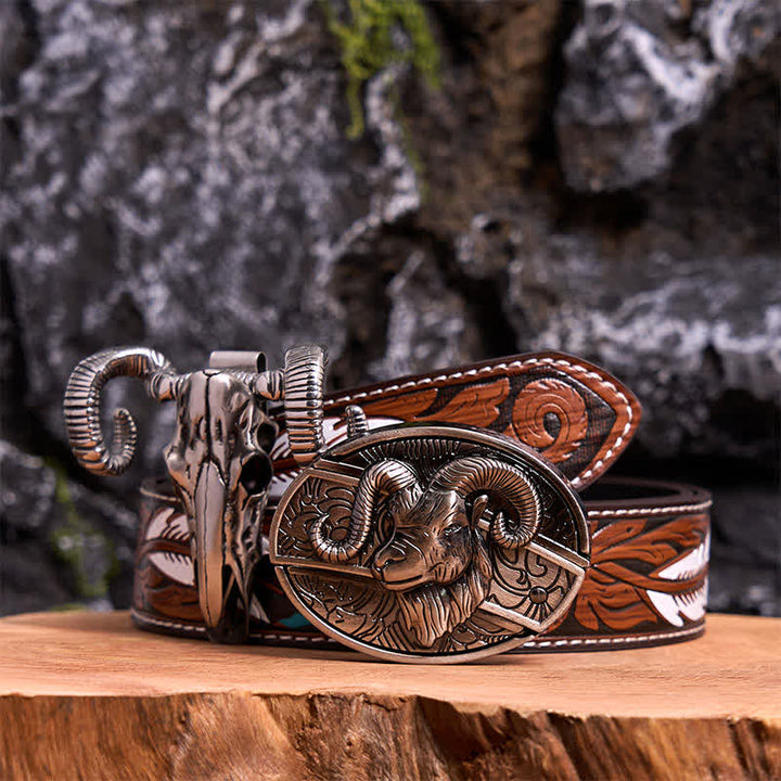 Goat DIY Hidden Knife Belt Buckle Skull Sheep Pendant Bundle Set - Goat - Brown Feather Belt - 40 - image 7