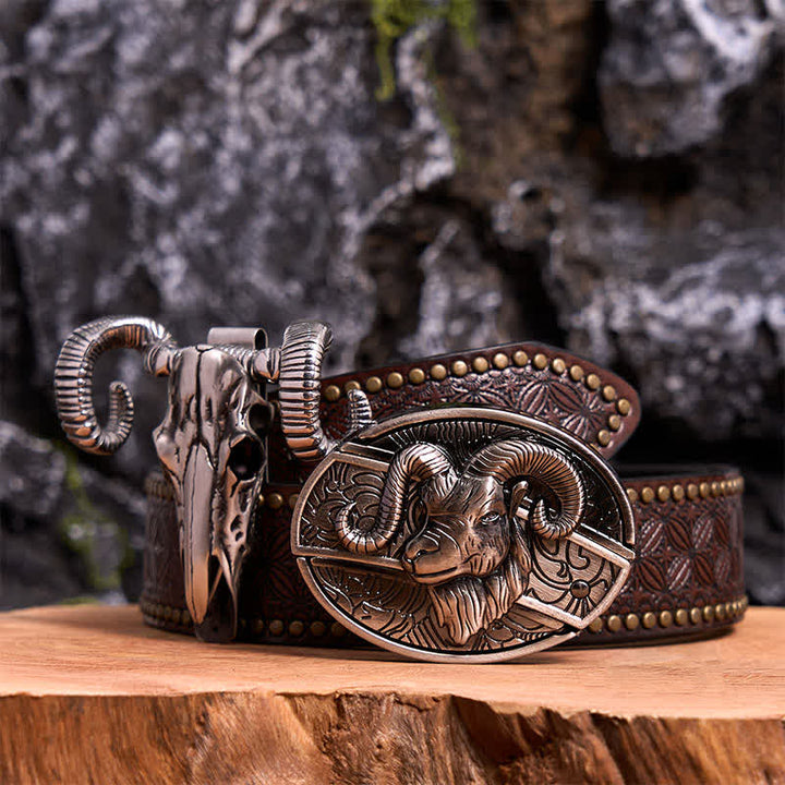 Goat DIY Hidden Knife Belt Buckle Skull Sheep Pendant Bundle Set - Goat - Brown Rivet Belt - 42 - image 4