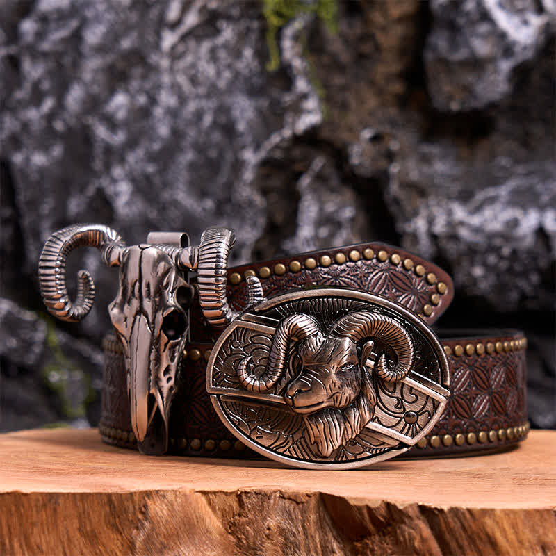 Goat DIY Hidden Knife Belt Buckle Skull Sheep Pendant Bundle Set - Goat - Brown Rivet Belt - 42 - image 4