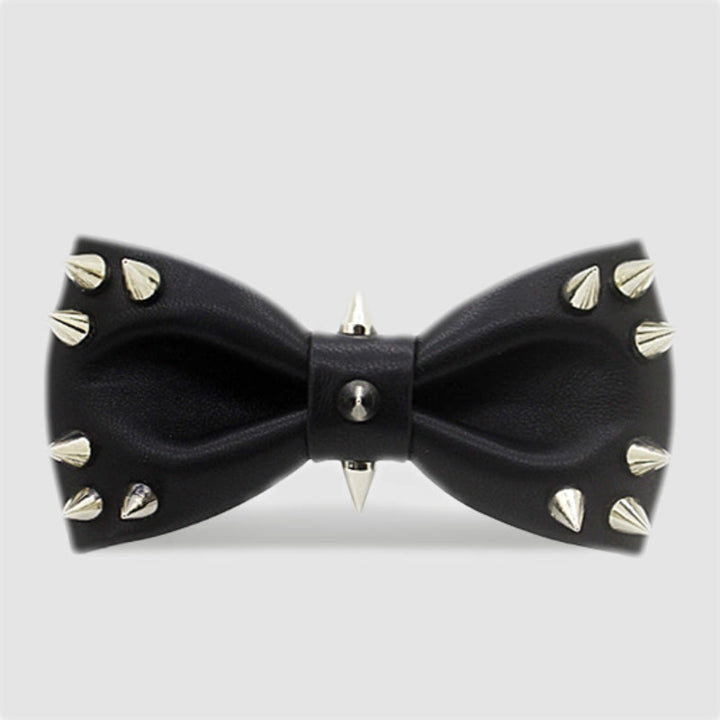 Men's Black Rivet Spiked Leather Bow Tie