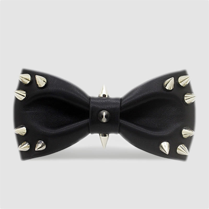 Men's Black Rivet Spiked Leather Bow Tie - Black - image 0