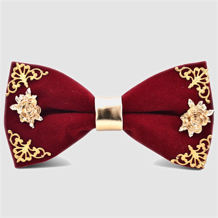 Men's Dark Burgundy Gold Metal Flower Leaves Bow Tie