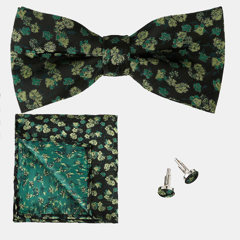 3Pcs Men's Gentleman Rose Floral Pocket Square Bow Tie Set - Dark Green - image 0