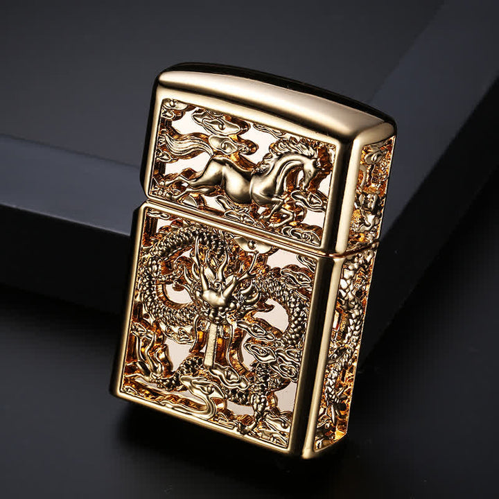 Embossed 3D Carving Dragon Refillable Kerosene Lighter - Antique Gold - image 9