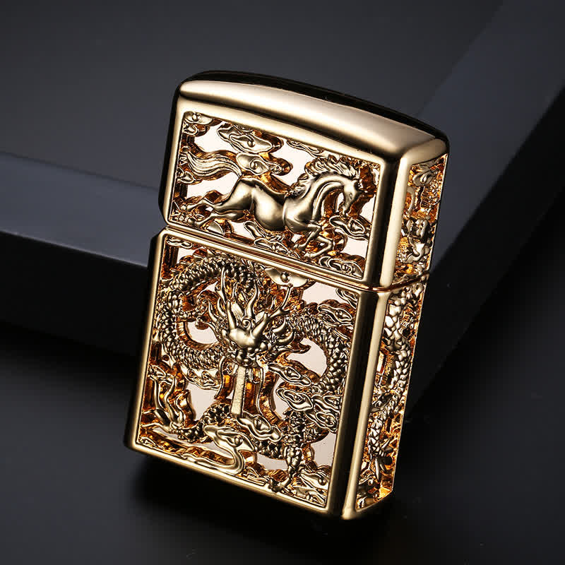 Embossed 3D Carving Dragon Refillable Kerosene Lighter - Antique Gold - image 7