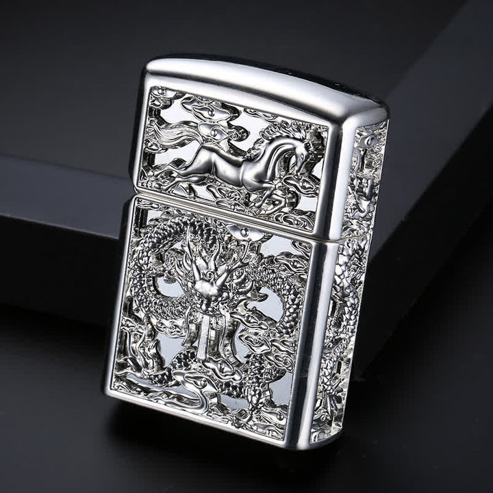 Embossed 3D Carving Dragon Refillable Kerosene Lighter - Antique Silver - image 6
